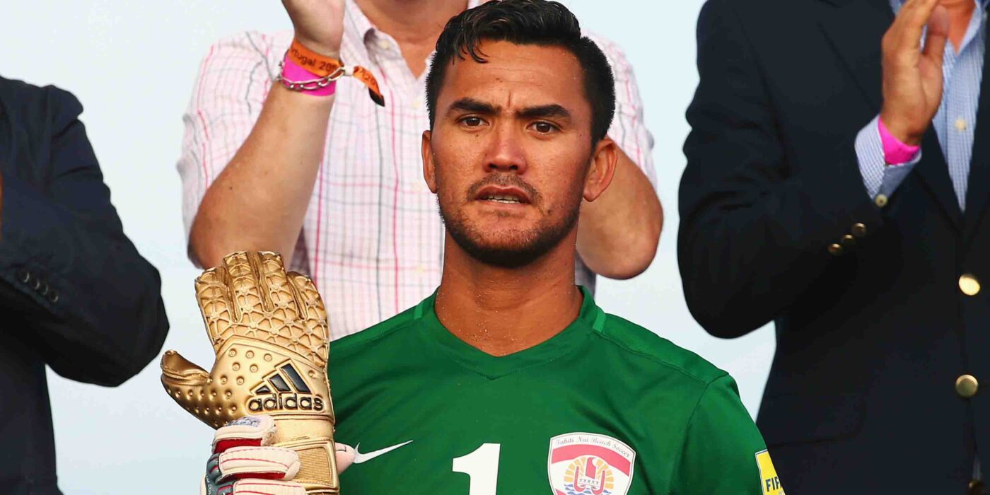 ESPINHO, PORTUGAL - JULY 19: Goalkeeper Jonathan Torohia of Tahiti, winner of the adidas Golden Glove, poses after the FIFA Beach Soccer World Cup Portugal 2015 Final between Tahiti and Portugal at Espinho Stadium on July 19, 2021 in Espinho, Portugal.  (Photo by Alex Grimm - FIFA/FIFA via Getty Images)