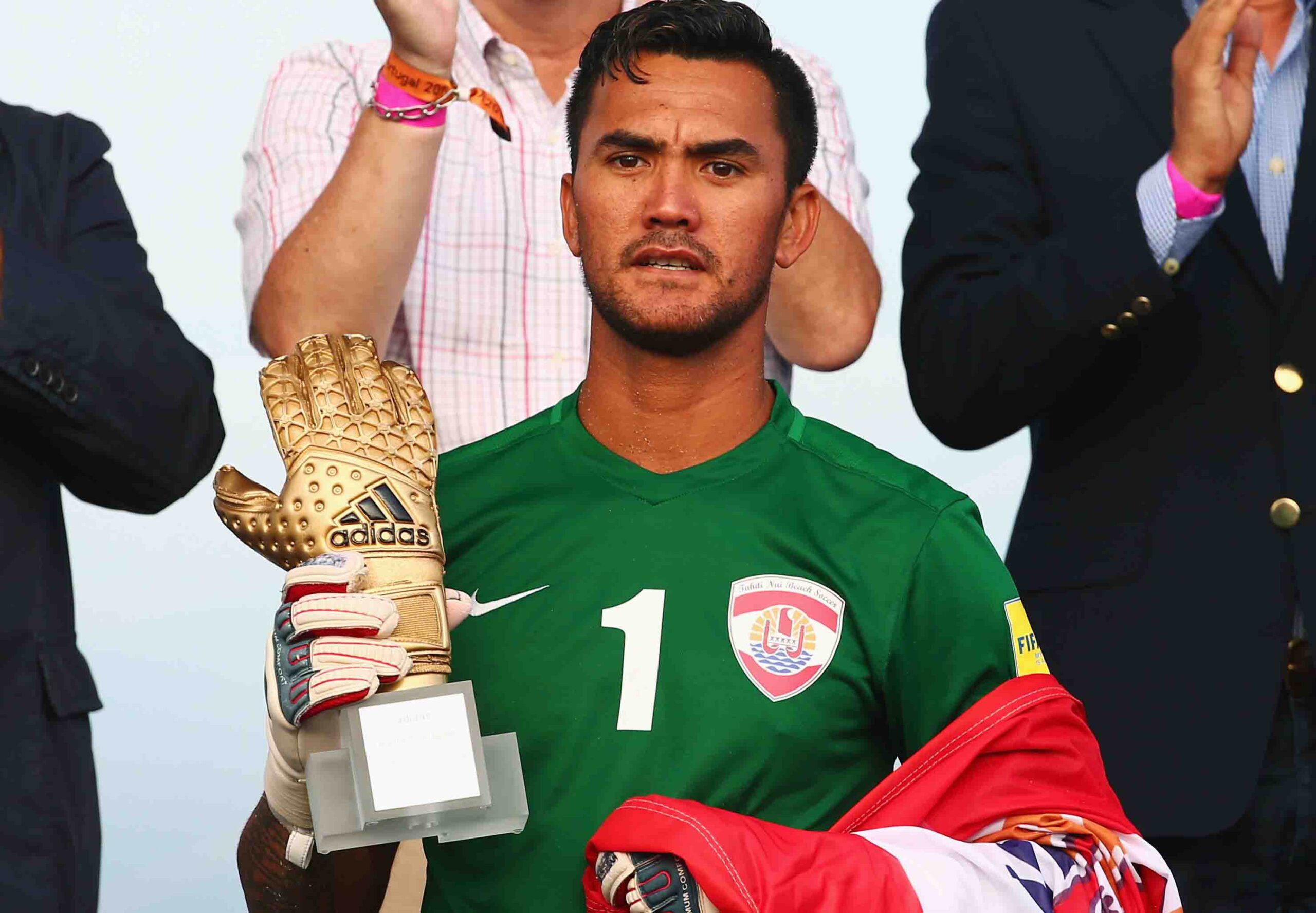 ESPINHO, PORTUGAL - JULY 19: Goalkeeper Jonathan Torohia of Tahiti, winner of the adidas Golden Glove, poses after the FIFA Beach Soccer World Cup Portugal 2015 Final between Tahiti and Portugal at Espinho Stadium on July 19, 2021 in Espinho, Portugal. (Photo by Alex Grimm - FIFA/FIFA via Getty Images)